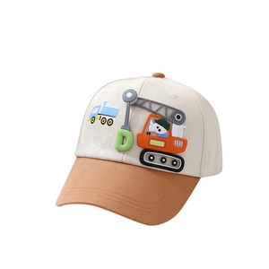 Kids baseball cap featuring cartoon crane embroidery and stylish color-block design