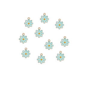 Close-up of 10 light blue daisy enamel alloy pendants for DIY necklace jewelry making