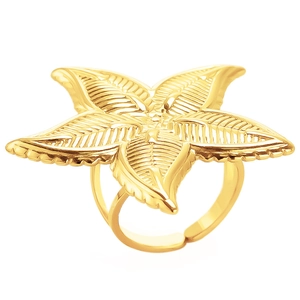 Polished gold 304 stainless steel open ring featuring a large textured starfish design