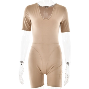 Sexy beige slim fit short sleeve bodysuit with U-neck design for women