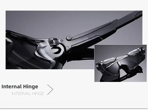 Close-up of the durable internal hinge structure on black sports cycling sunglasses