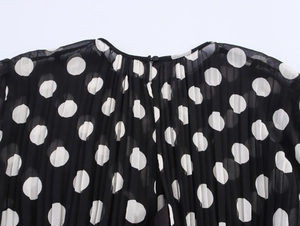 Detail view of round neck polka dot chiffon dress with pleated texture and button closure