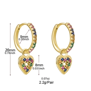 Detailed view of colorful zircon heart earrings with exact dimensions 20mm by 9mm