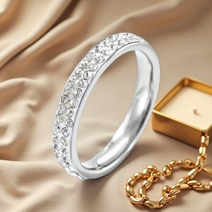 Elegant silver titanium steel ring featuring double row clear crystal pave setting