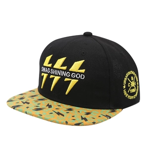 Black snapback hat with 777 embroidery and colorful lightning camo flat brim for men