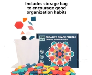 Detail view of 180 pieces colorful wooden geometric puzzles with white drawstring storage bag