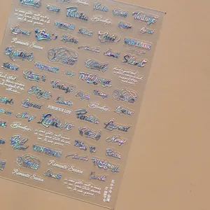 Autocollants à ongles laser holographiques avec lettres cursives et effet arc-en-ciel métal
