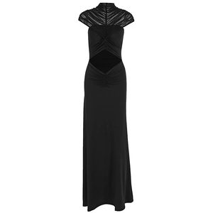 Detail of elegant black bodycon dress with sheer mesh neckline and waist cut-outs