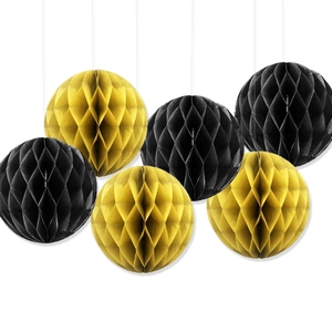 Set of 7 black and gold hanging paper honeycomb balls for party and graduation decoration