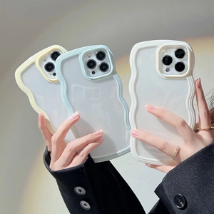 Three wave-edge iPhone cases in yellow, blue, and white with frosted translucent backs