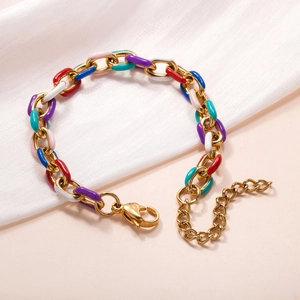 Bracelet chaîne à maillons émaillés colorés en acier inoxydable doré avec fermoir ajustable