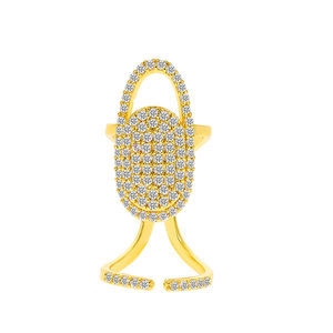 Adjustable golden fingernail ring with pave cubic zirconia oval top in minimalist style
