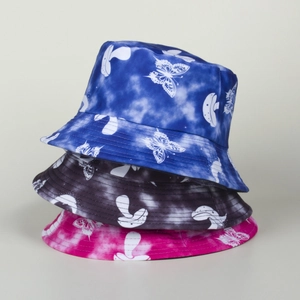 Three-pack tie-dye bucket hats with butterfly and mushroom prints for women's outdoor wear