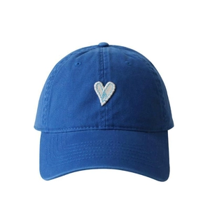Blue cotton baseball cap with white heart embroidery, soft top adjustable sun hat