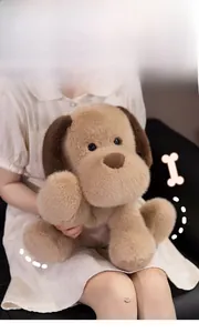Dettaglio di un peluche di cane Golden Retriever morbido tenuto tra le braccia