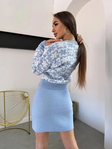 Fair Isle pattern knit sweater set with mini skirt in light blue and white for women