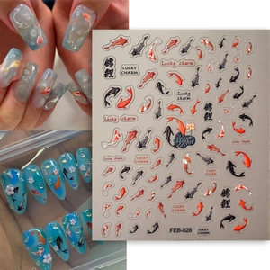 5D Relief Koi Fish Nail Art Stickers Lucky Charm Waterproof Self Adhesive Red Carp Lotus Nail Decals For Women DIY Decoration