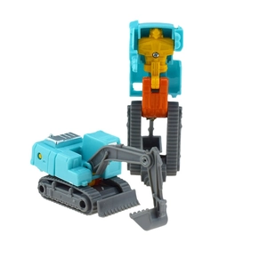 Detail of light blue excavator toy and orange robot parts for combined assembly