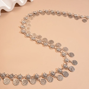 Vintage silver coin waist chain belt with hollow flower links and embossed pendants