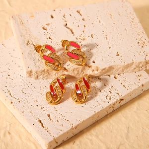 French vintage 18k gold plated stainless steel enamel chain earrings with zircon accents