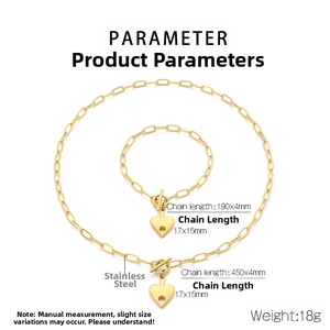 Detailed size specifications for gold paperclip chain necklace and heart pendant set
