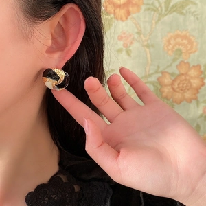 French vintage round twisted stud earrings in gold, black, and white enamel finish