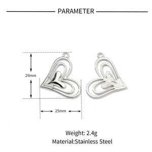 Technical drawing of heart pendant showing dimensions 29x25mm and stainless steel material