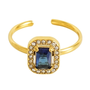 Adjustable gold ring featuring a blue rectangular gemstone surrounded by small diamonds