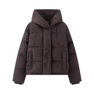 Women's short brown quilted jacket with high collar and windproof hooded design