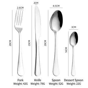 Modern 4-piece stainless steel cutlery set with size and weight specifications in silver
