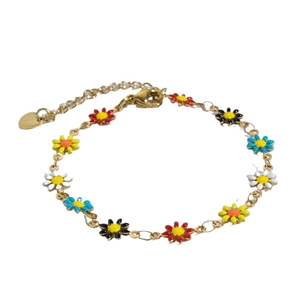 Luxurious gold stainless steel bracelet with colorful enamel daisy pendants and lobster clasp