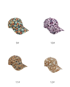 Detailed grid of digital print baseball caps in floral, tie-dye, and camouflage styles