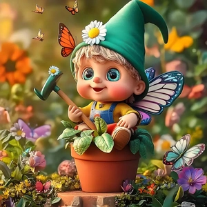 Detail of a fairy garden gnome with butterfly wings sitting in a flower pot