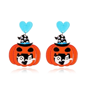 Halloween acrylic earrings featuring blue glitter hearts and pumpkin with wizard hat