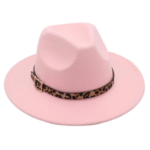 Detailed close-up of pink felt fedora with leopard print belt and gold buckle accent