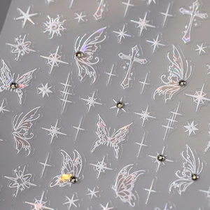 3D embossed nail art stickers with butterfly and star designs featuring laser holographic finish