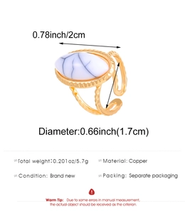 Dimensiones detalladas del anillo abierto dorado con piedra blanca ovalada y cobre
