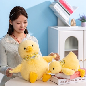 Cute yellow plush duck doll set in sitting and lying poses with summer floral scarf