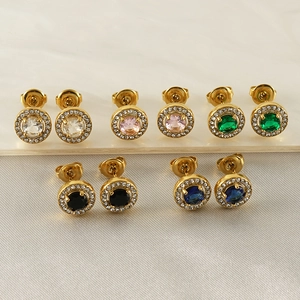 Round Halo Stud Earrings 18K Gold Plated Stainless Steel Colorful Zircon Inlaid Fashion Jewelry For Women