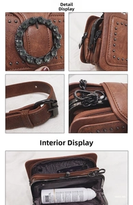Detail view of brown vintage crossbody bag with rivet accents and layered zip compartments