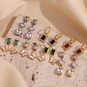 18K gold plated stainless steel geometric earrings with colorful zircon butterfly pendants