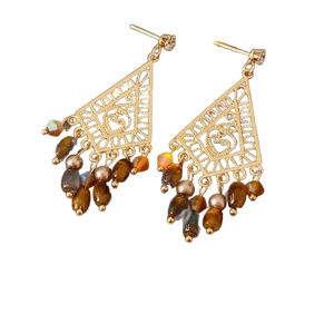 Ethnic style gold triangle earrings with hollow design and brown tiger eye bead drops