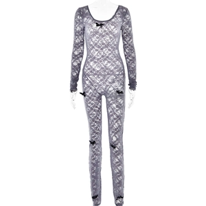 Detail of grey lace bodysuit with intricate floral patterns and black bow accents