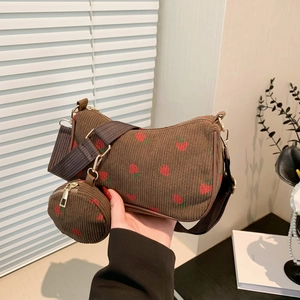 Women Shoulder Bag And Round Coin Purse Corduroy Strawberry Pattern Crescent Underarm Fashion Handbag