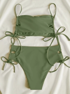 Flat lay of olive green high-waist bikini with adjustable drawstring side details