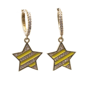 Gold hoop earrings with yellow enamel star charms and sparkling zircon inlay