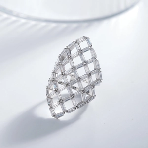 Silver hollow mesh grid ring with full rectangular zircons for an elegant statement look