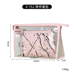 Detailed size specifications for the pink marble two-piece cosmetic bag set with dimensions