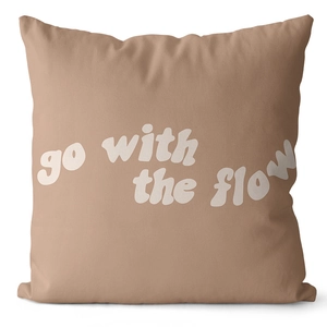 Creamy earth tone cushion cover with retro 'go with the flow' text on white background
