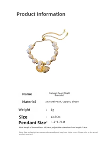 Detail specifications for freshwater pearl shell bracelet with adjustable gold chain dimensions